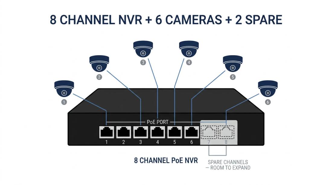Diagram showing an 8 channel NVR with 6 cameras connected and 2 empty PoE ports labelled as spare channels for future expansion