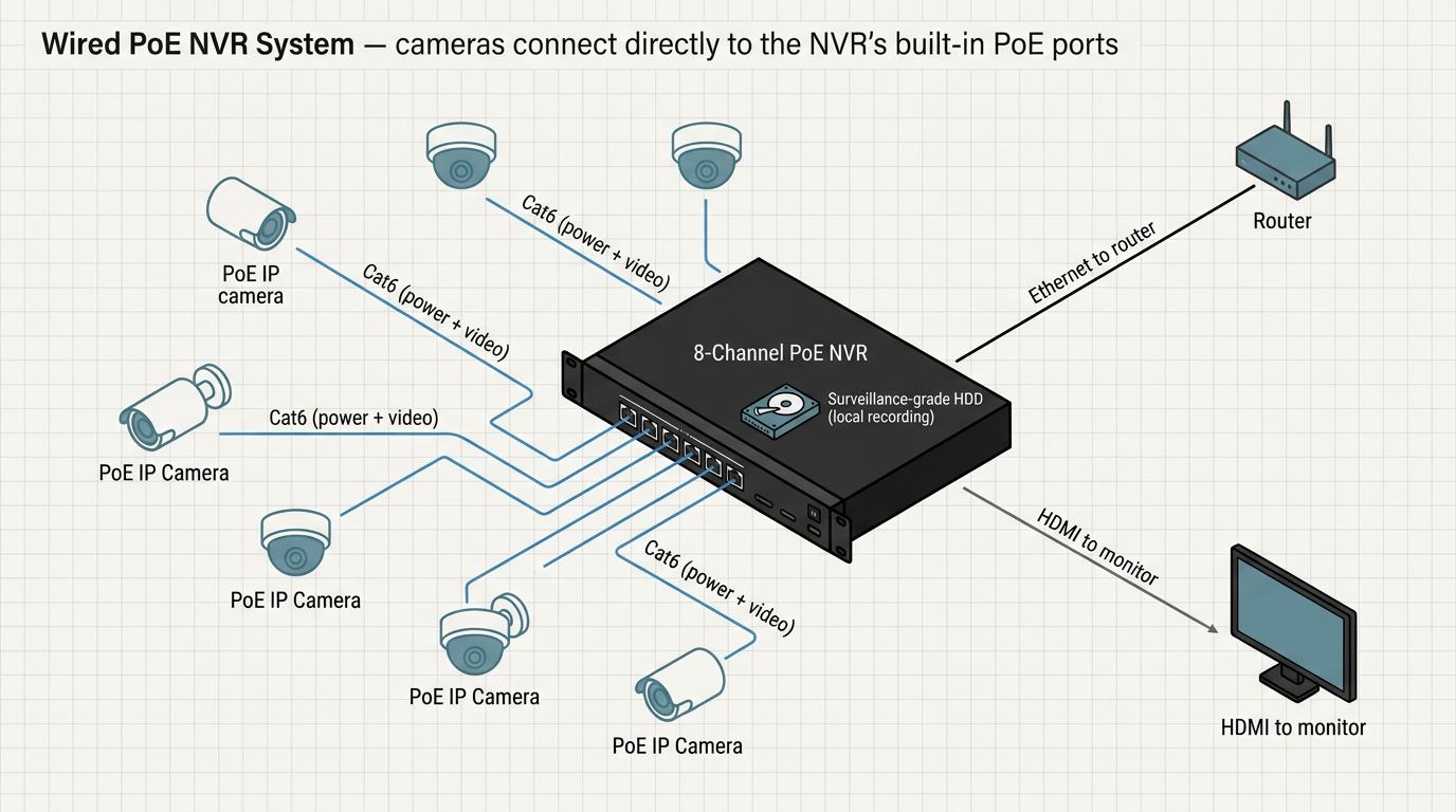 Diagram of a typical wired PoE CCTV system: six PoE IP cameras plugging directly into the built-in PoE ports on the back of an 8 channel NVR via Cat6 cables, the NVR connected to the router for remote viewing and to a monitor via HDMI for local playback, with a surveillance-grade hard drive inside the NVR for local recording
