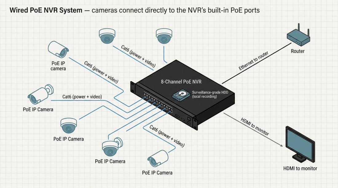 Diagram of a typical Australian wired PoE CCTV system architecture: six PoE IP cameras plug directly into the built-in PoE ports on an 8 channel NVR via Cat6 cables, the NVR connects to the router for remote viewing and to a monitor via HDMI, with a surveillance-grade hard drive inside the NVR for local recording and future expansion