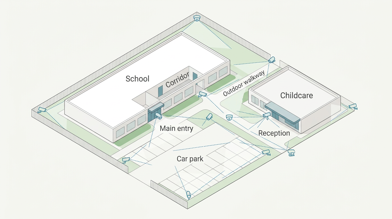 Clean overhead-style illustration showing common CCTV camera placement zones across a school and childcare layout: entries, reception, corridors, car park and outdoor pathways