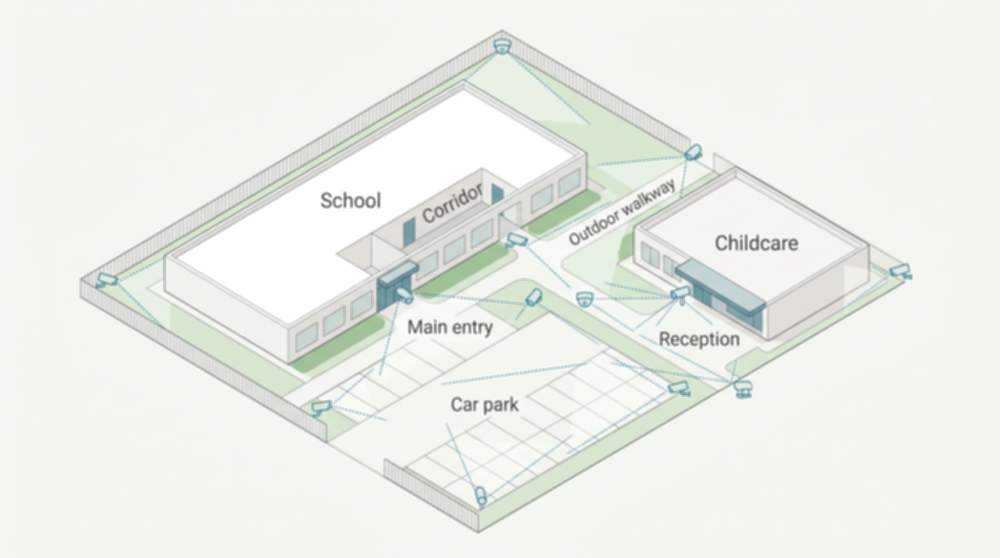 Clean overhead-style illustration showing common CCTV camera placement zones across a school and childcare layout: entries, reception, corridors, car park and outdoor pathways