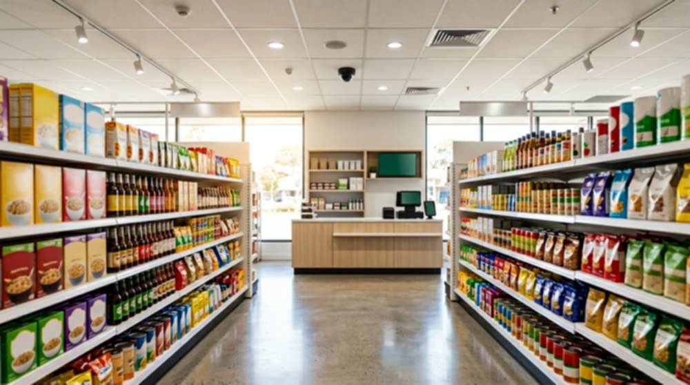 Bright modern Australian retail store interior with a discreet dome CCTV camera mounted in the ceiling above the shop floor and a point-of-sale counter visible — a typical specialty-retail wired PoE install