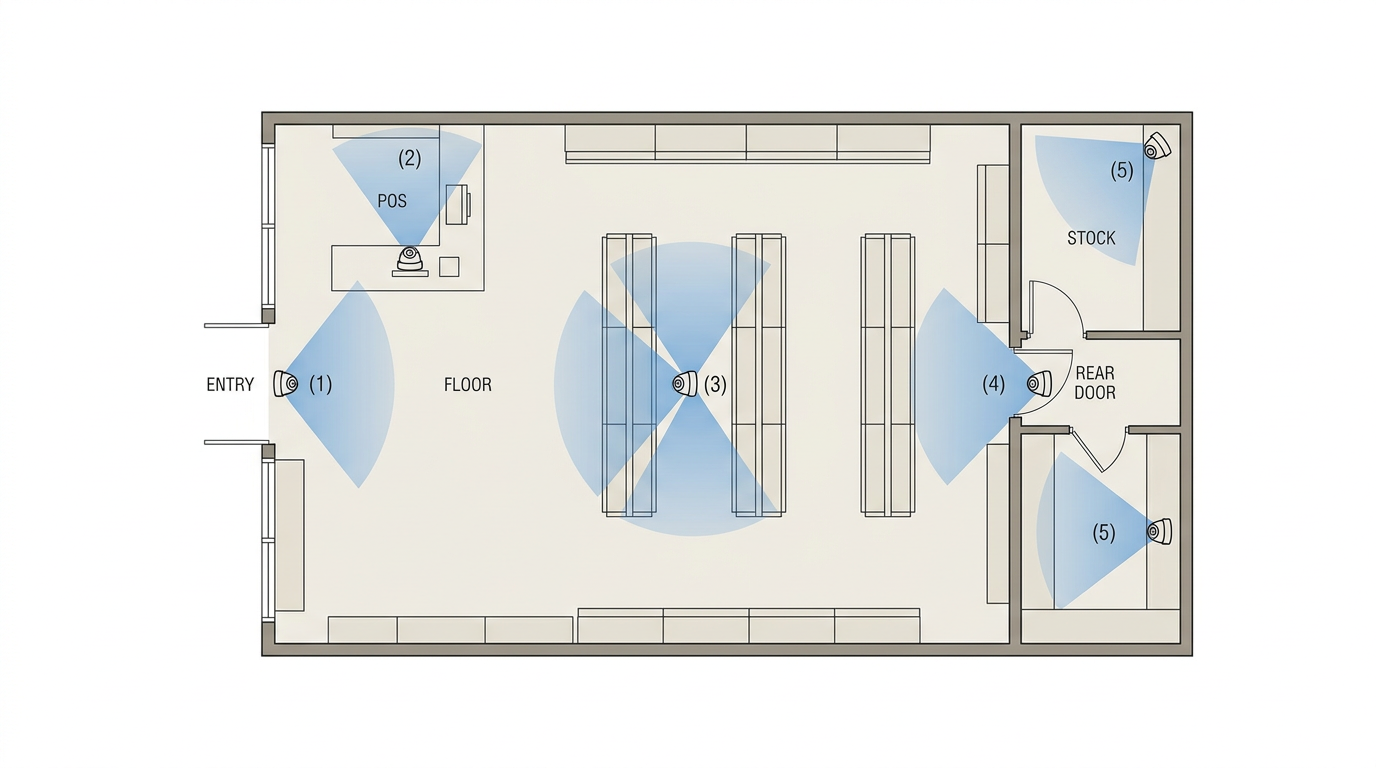 Clean overhead-style retail store layout showing typical CCTV camera placement: front entry, point of sale, main shop floor, rear/service door and stock room — the standard 6 camera retail deployment