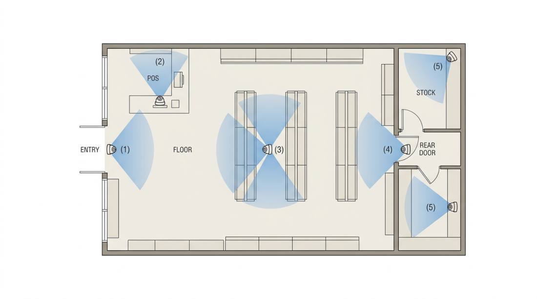 Clean overhead-style retail store layout showing typical CCTV camera placement: front entry, point of sale, main shop floor, rear/service door and stock room — the standard 6 camera retail deployment