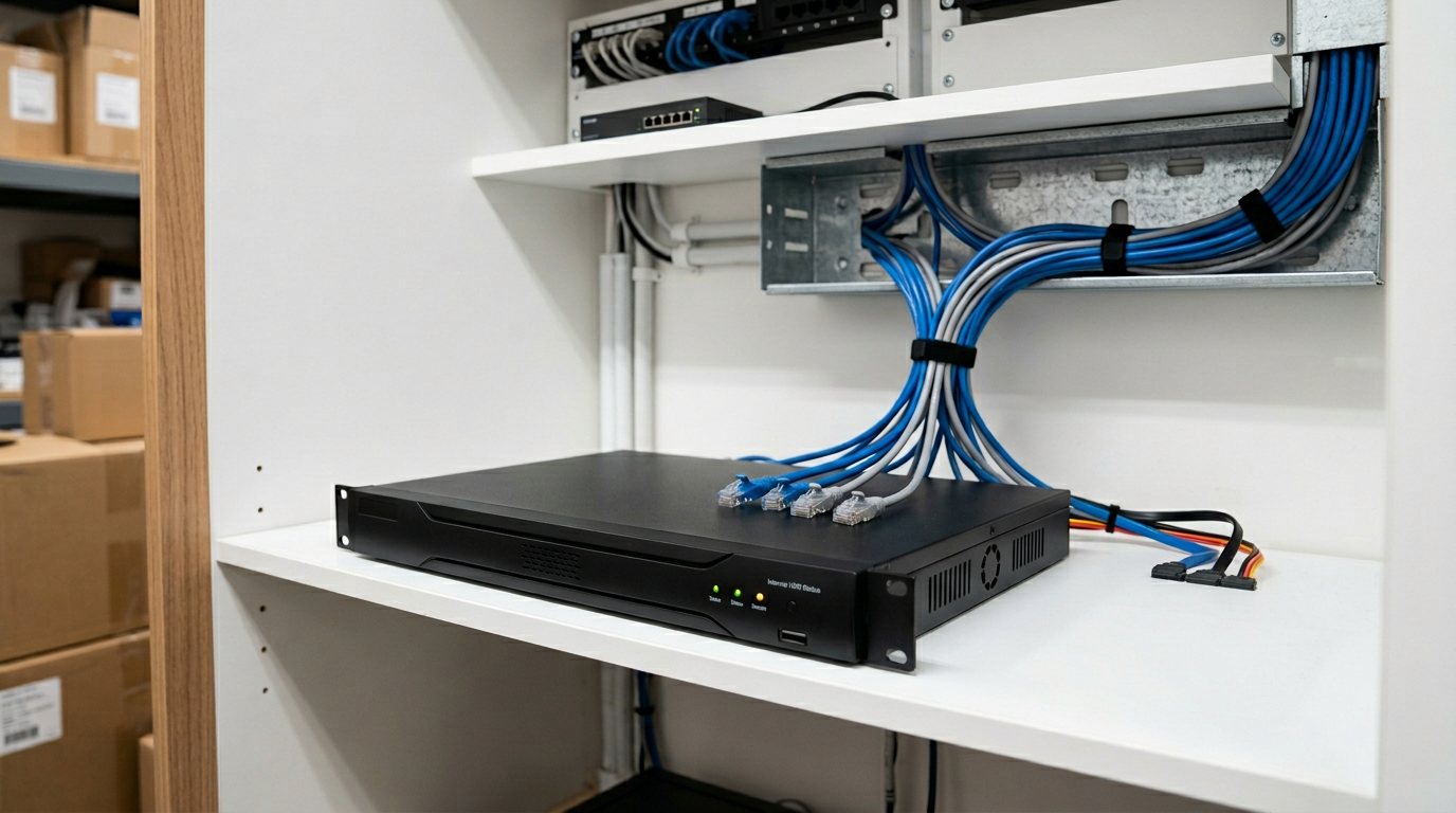 Wired PoE CCTV NVR mounted in a clean back-of-house cabinet in an Australian retail store, with Cat6 cables running neatly to the cameras and a surveillance-grade hard drive inside
