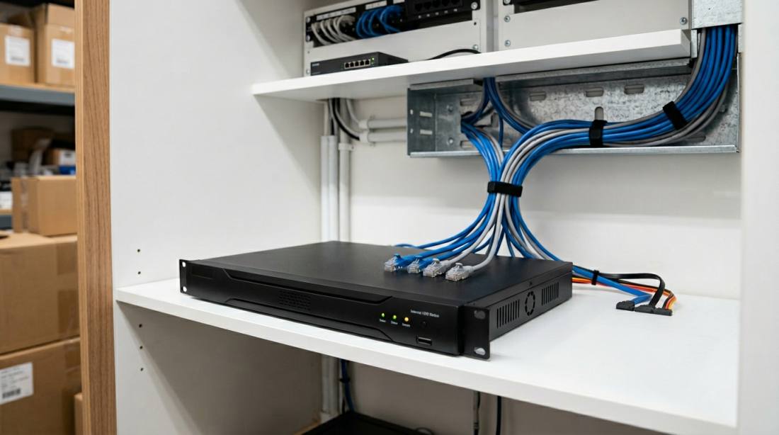 Wired PoE CCTV NVR mounted in a clean back-of-house cabinet in an Australian retail store, with Cat6 cables running neatly to the cameras and a surveillance-grade hard drive inside