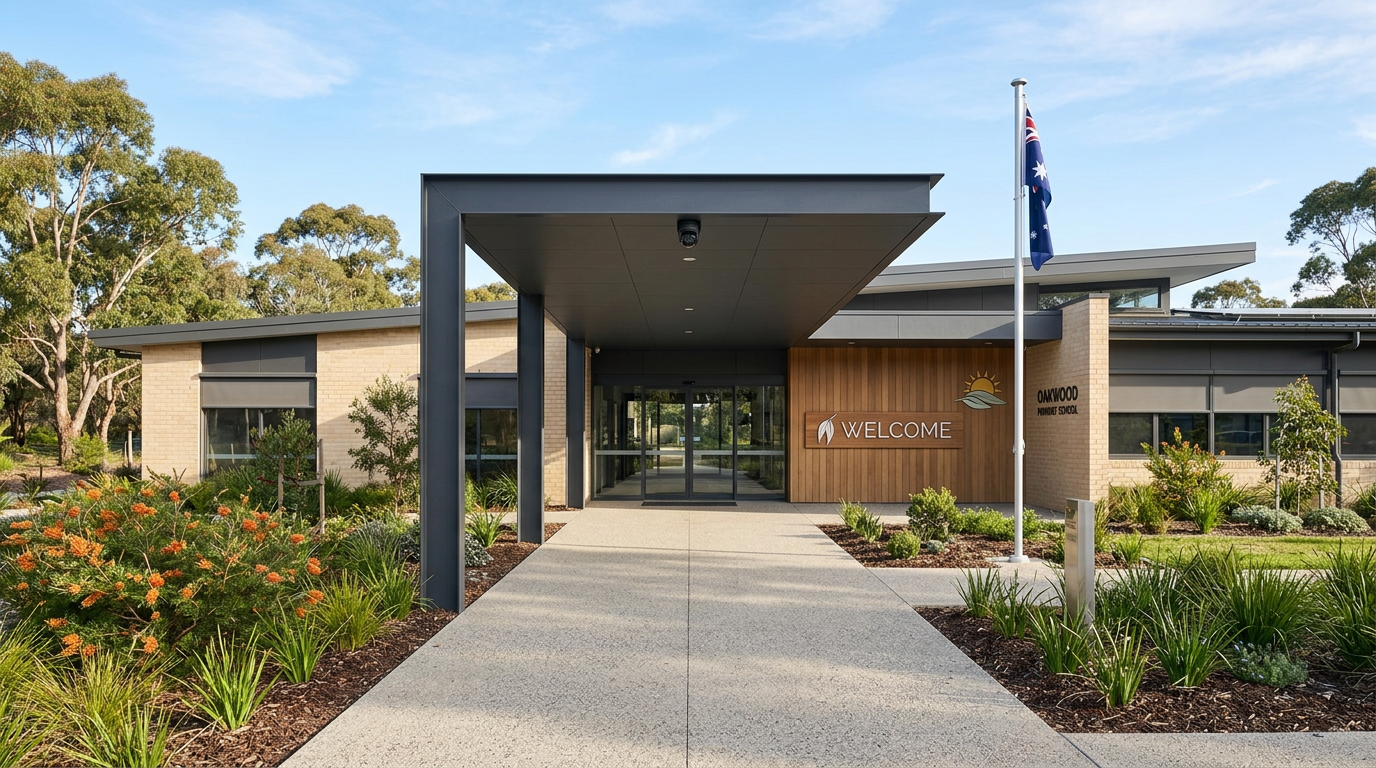 Modern Australian primary school front entrance with paved pathways, a welcome sign, and a discreet PoE bullet CCTV camera mounted under the entry canopy