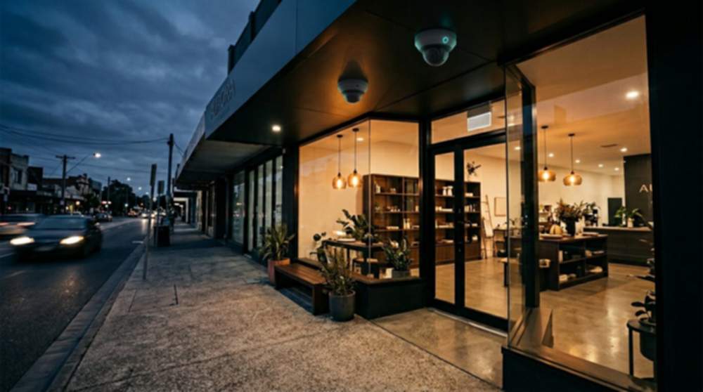 Australian shopfront at dusk with discreet dome CCTV cameras mounted above the entrance, warm interior lighting visible through the glass