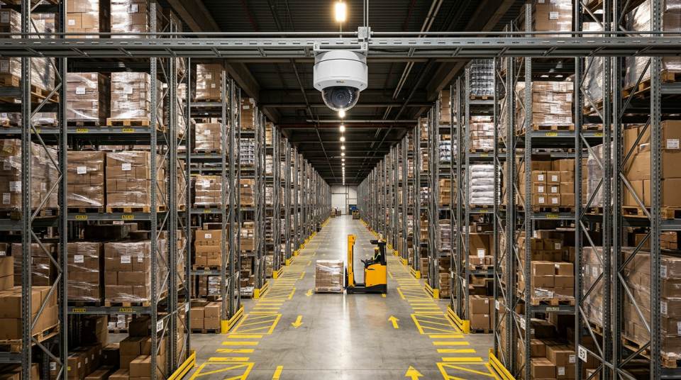 White PoE dome CCTV camera mounted at the head of a long warehouse pick aisle, aimed straight down the aisle over forklift traffic and pallet racking