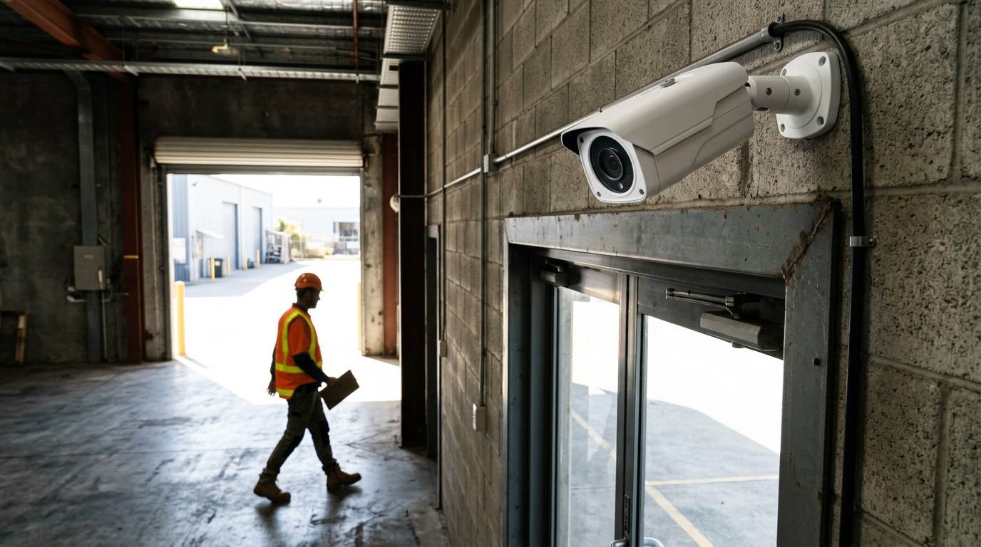 White PoE bullet CCTV camera mounted inside a warehouse man door, angled down to capture the face of a hi-vis worker walking in from bright daylight outside