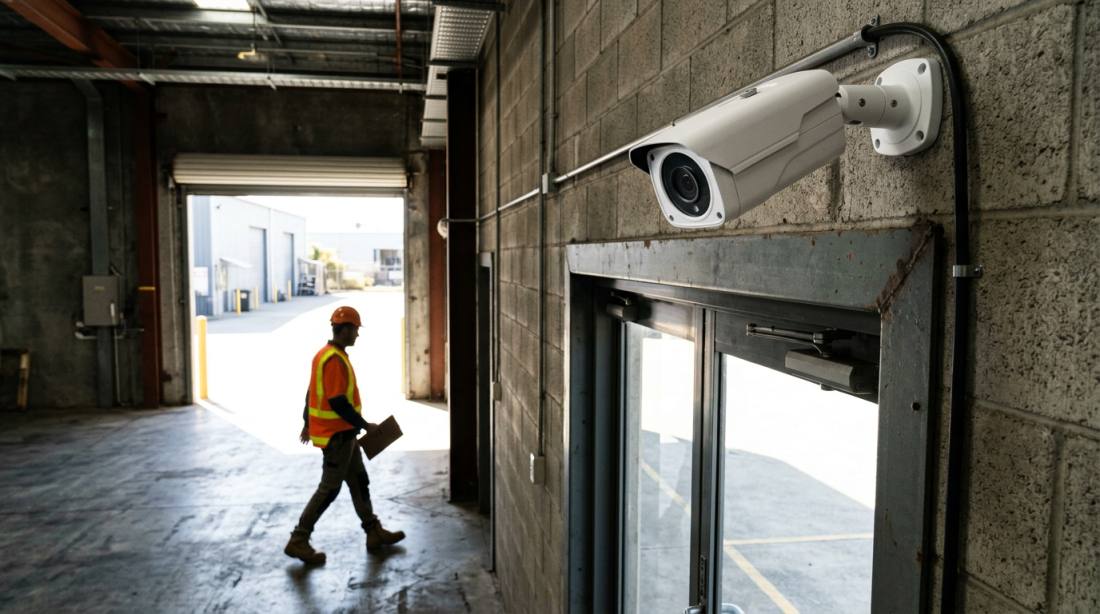 White PoE bullet CCTV camera mounted inside a warehouse man door, angled down to capture the face of a hi-vis worker walking in from bright daylight outside