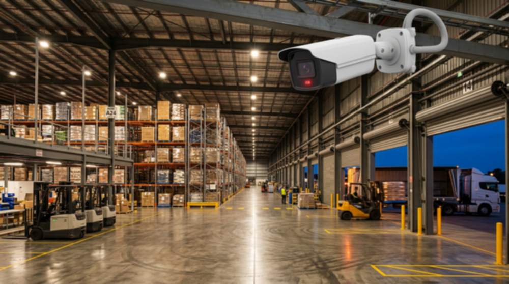 Australian distribution warehouse at dusk with a white PoE bullet CCTV camera mounted on a central roof truss covering a long aisle, pallet racking and two open loading-dock doors with a truck being loaded