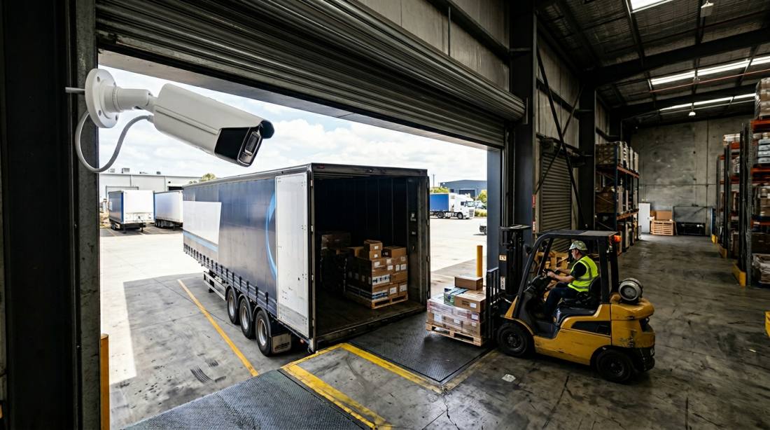 White PoE bullet CCTV camera mounted in the top corner of a warehouse dock-door frame, aimed along the length of a reversed semi-trailer with a forklift loading pallets