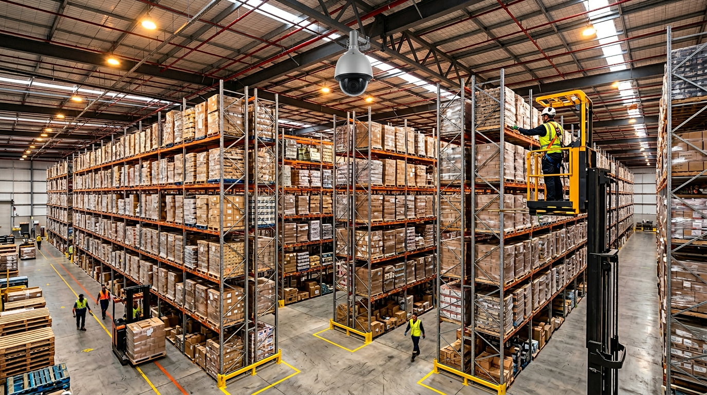 Ceiling-mounted PoE dome CCTV camera covering tall pallet racking at an aisle intersection in an Australian warehouse, with a man-up forklift operator elevated at the top of the racking