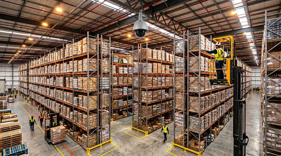 Ceiling-mounted PoE dome CCTV camera covering tall pallet racking at an aisle intersection in an Australian warehouse, with a man-up forklift operator elevated at the top of the racking