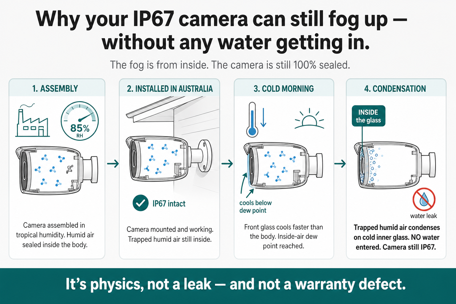 Four-panel infographic showing the condensation cycle: 1) camera assembled in 85% humid factory with humid air sealed inside, 2) camera installed in Australia with IP67 still intact and trapped humid air still inside, 3) cold morning where the front glass cools below the dew point, 4) condensation forms on the inside of the glass — no water entered, camera still IP67