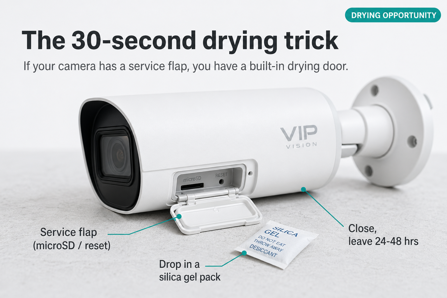 A modern outdoor bullet CCTV camera with the rubber service flap open, revealing a microSD card slot and reset button