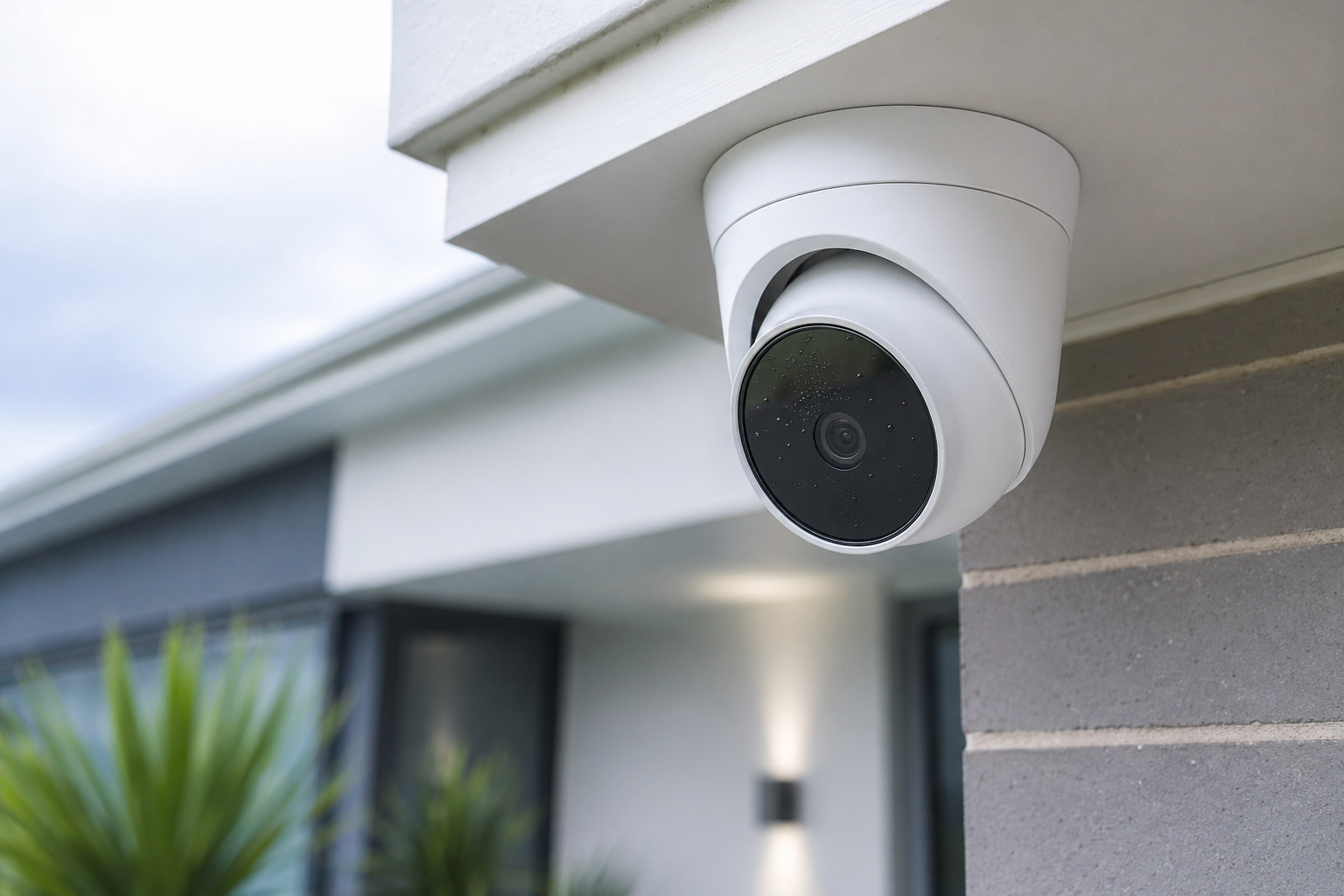 A premium modern white turret CCTV camera mounted under the eave of an Australian home with light water droplets visible on the front lens cover