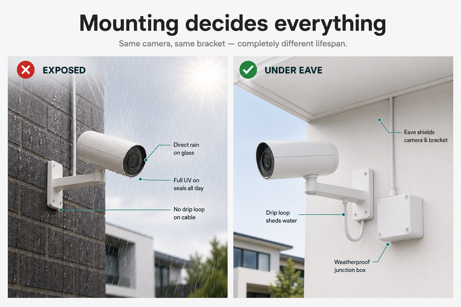 Side-by-side comparison of two right-angled L-bracket bullet CCTV camera installs. Left panel: same camera and bracket on an exposed brick wall in full sun and angled rain, with no drip loop. Right panel: identical camera and bracket mounted under the generous white eave of a modern home with a weatherproof junction box and a downward drip loop in the cable.