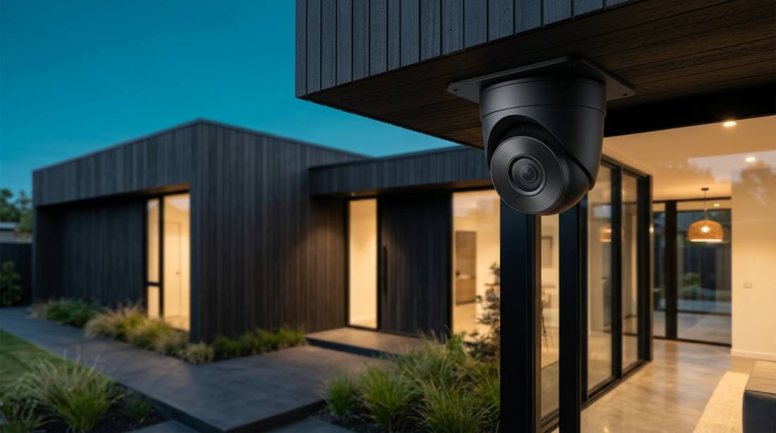 Contemporary Australian home at blue-hour twilight with a sleek black PoE turret CCTV camera mounted flush under a minimalist soffit — a modern wired PoE install on a local NVR
