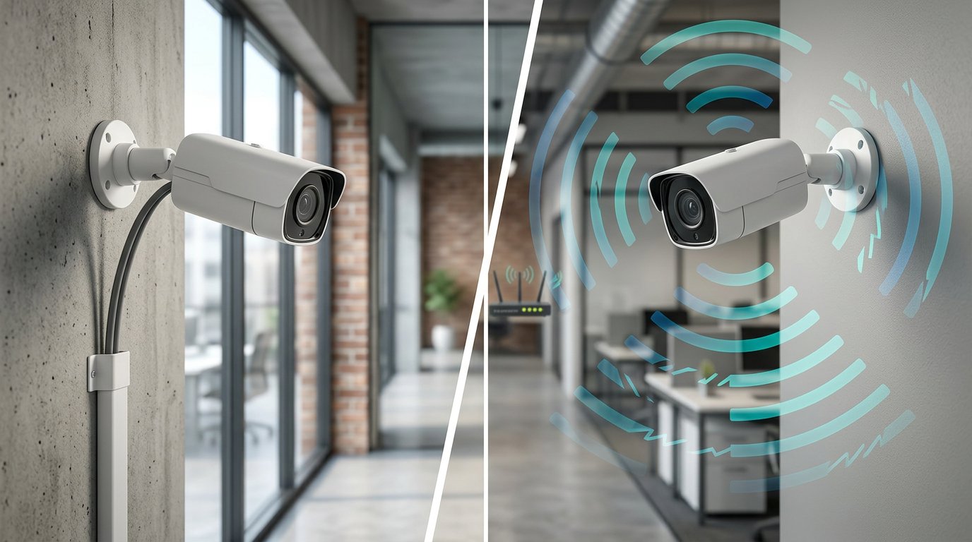 Side-by-side comparison image: a white PoE bullet CCTV camera with a clean single Cat6 cable on the left, and a wireless CCTV camera with stylised Wi-Fi signal waves radiating outward on the right, illustrating wired versus wireless CCTV systems in Australia