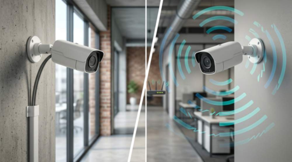 Side-by-side comparison image: a white PoE bullet CCTV camera with a clean single Cat6 cable on the left, and a wireless CCTV camera with stylised Wi-Fi signal waves radiating outward on the right, illustrating wired versus wireless CCTV systems in Australia