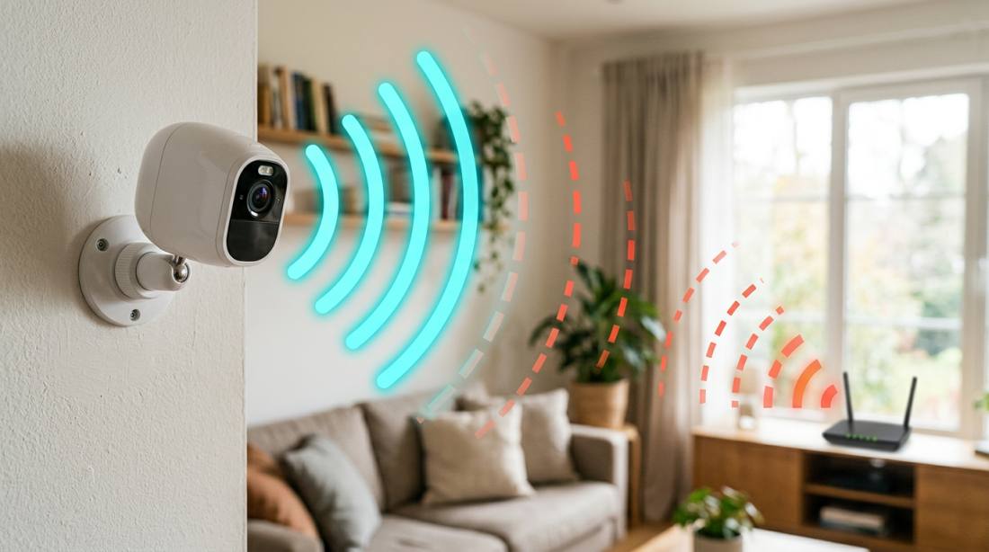 Wireless CCTV camera mounted on a modern home wall with overlaid Wi-Fi signal waves — strong cyan waves close to the camera degrading into dashed red arcs further away near a Wi-Fi router, illustrating Wi-Fi interference and dropouts