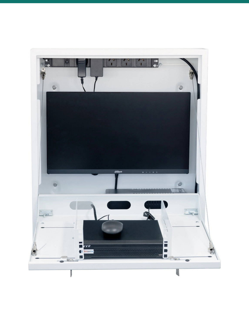 Datatek 24SECCAB open — monitor on the back plane, NVR on the drop-down door