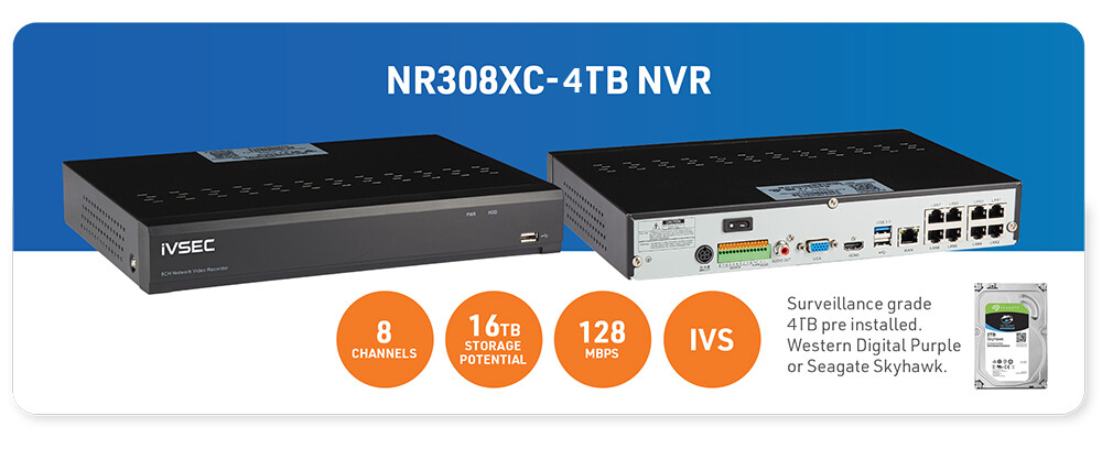 iVSEC NR308XC 8 Channel 4TB PoE NVR - 128Mbps, 16TB capacity, IVS AI