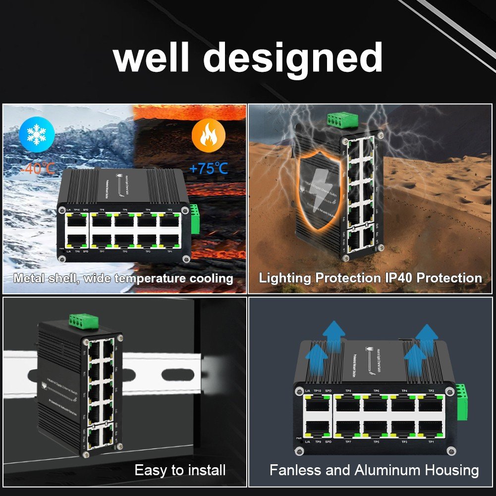 Hardened compact PoE+ switch — side profile & DIN-rail mount