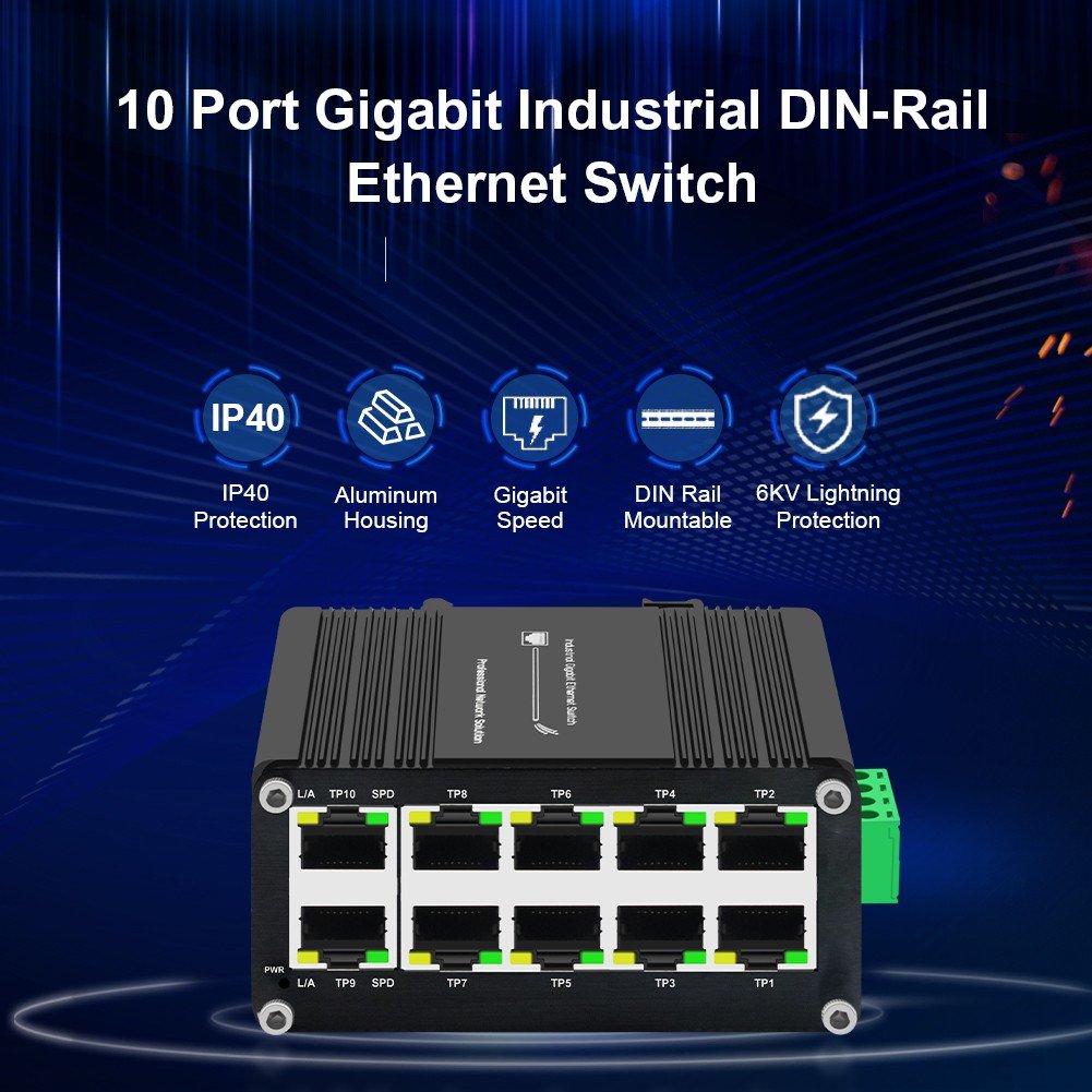IF-108PU12/48 12–48VDC PoE+ switch — port panel (8× PoE+, 2× uplink)