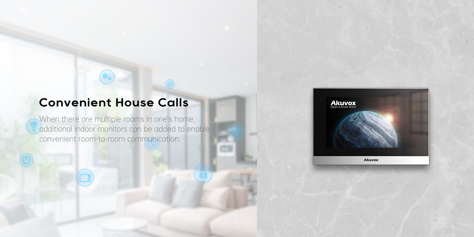 Akuvox C313W-2 silver indoor monitor mounted on a wall beside a living room