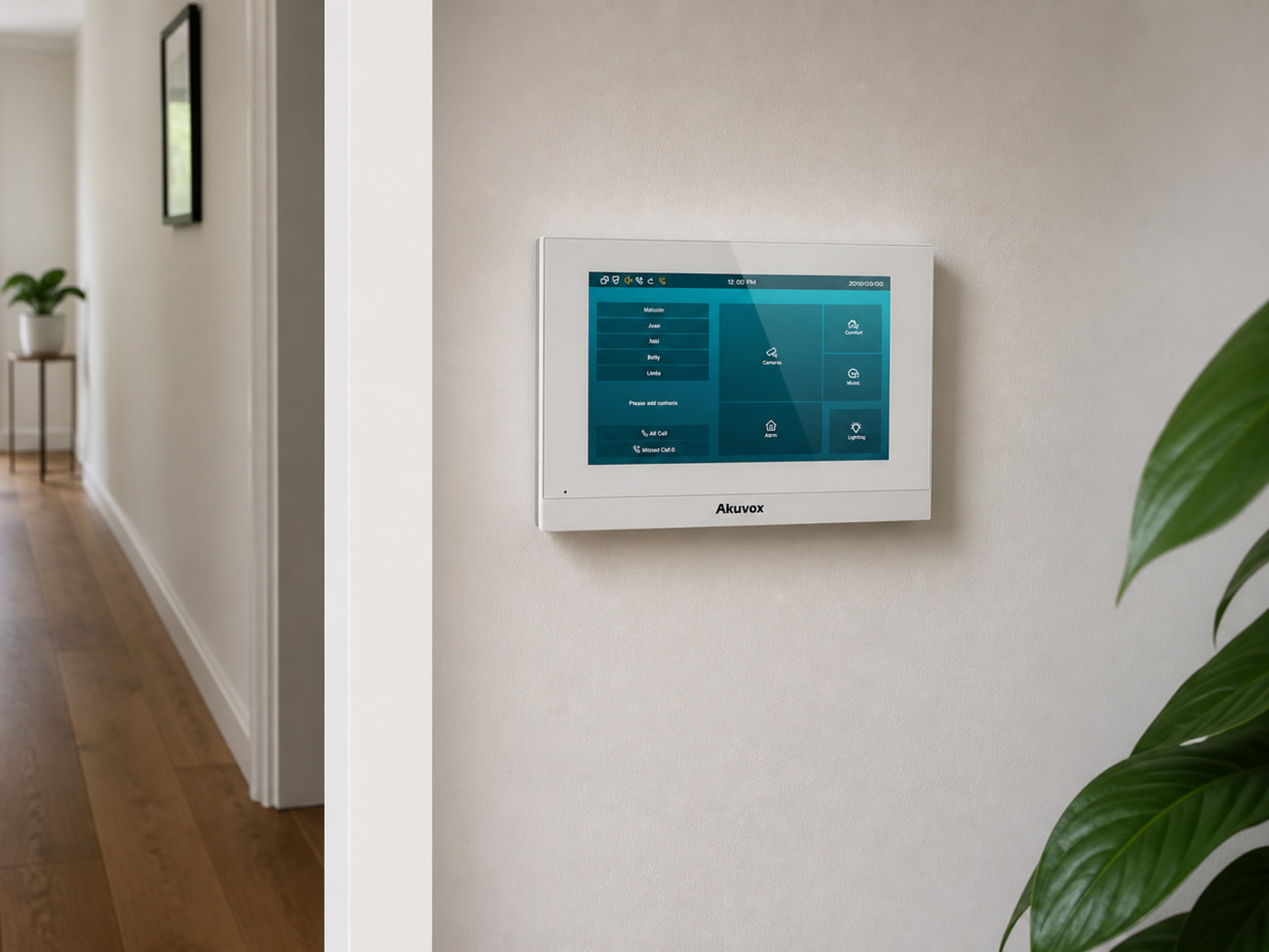 Compact Akuvox C313 white indoor unit in a villa hallway niche