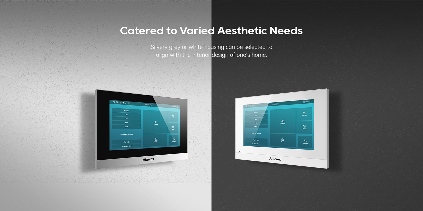 Akuvox C313 indoor monitors in silver and white housings on a wall