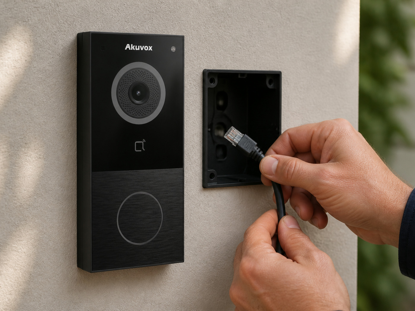 Installer landing a Cat6 cable to an Akuvox E12S black door station