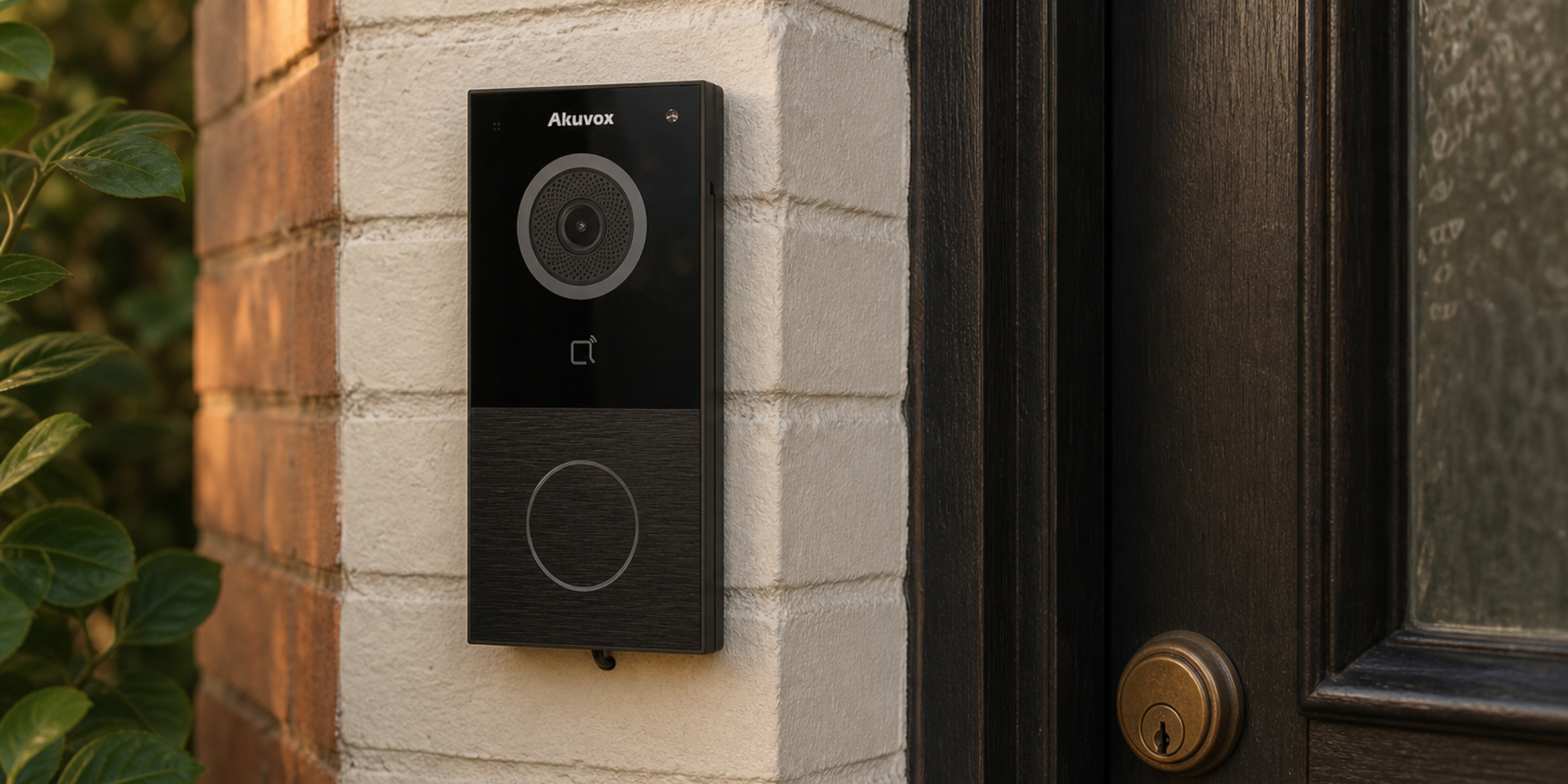 Akuvox E12S black doorbell on a painted-brick Australian townhouse porch