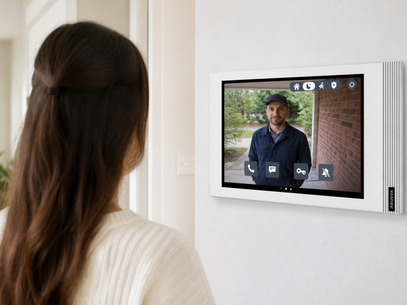 Indoor monitor showing a live call from the E12S black doorbell on a brick porch