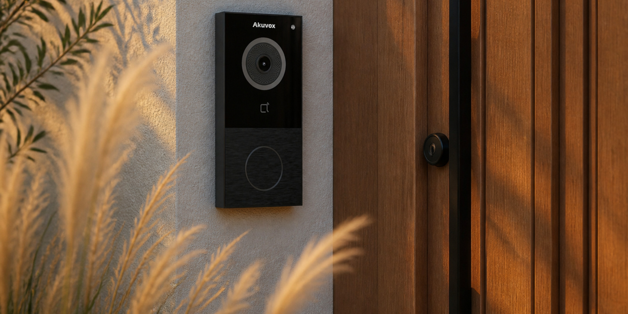 Akuvox E12W black video doorbell on a contemporary Australian townhouse entry in late-afternoon light