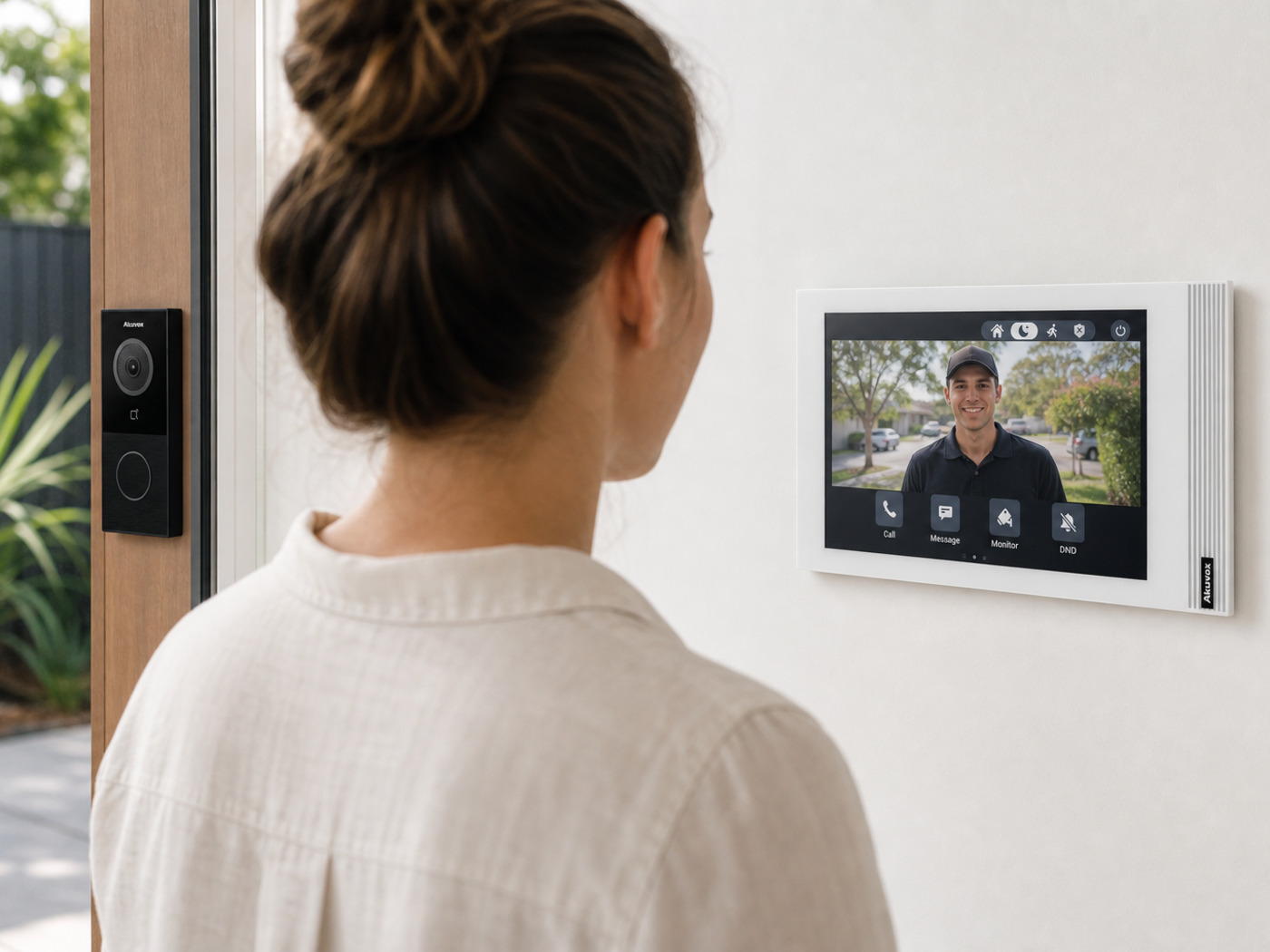 Indoor Akuvox monitor showing a live visitor call from the E12W black doorbell