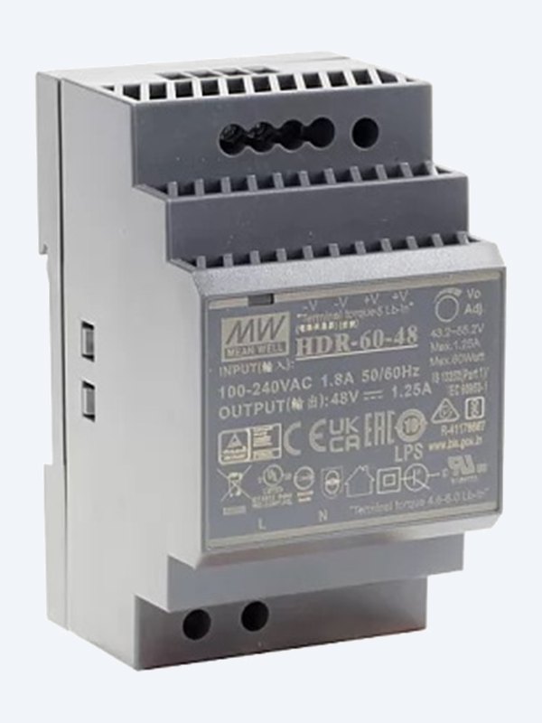 HDR-60-48 power supply showing the 48 V 1.25 A rating label