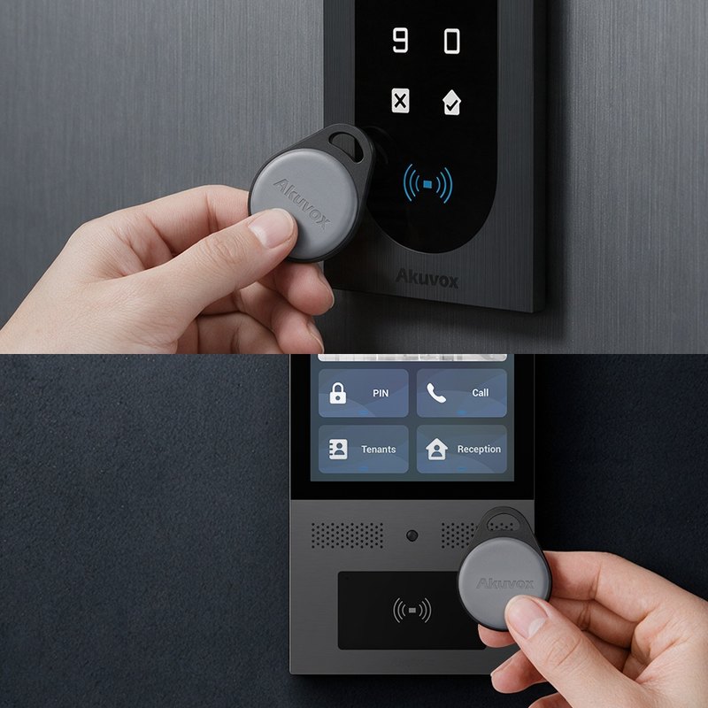 Hand tapping an Akuvox KF01 grey key fob on Akuvox door phones