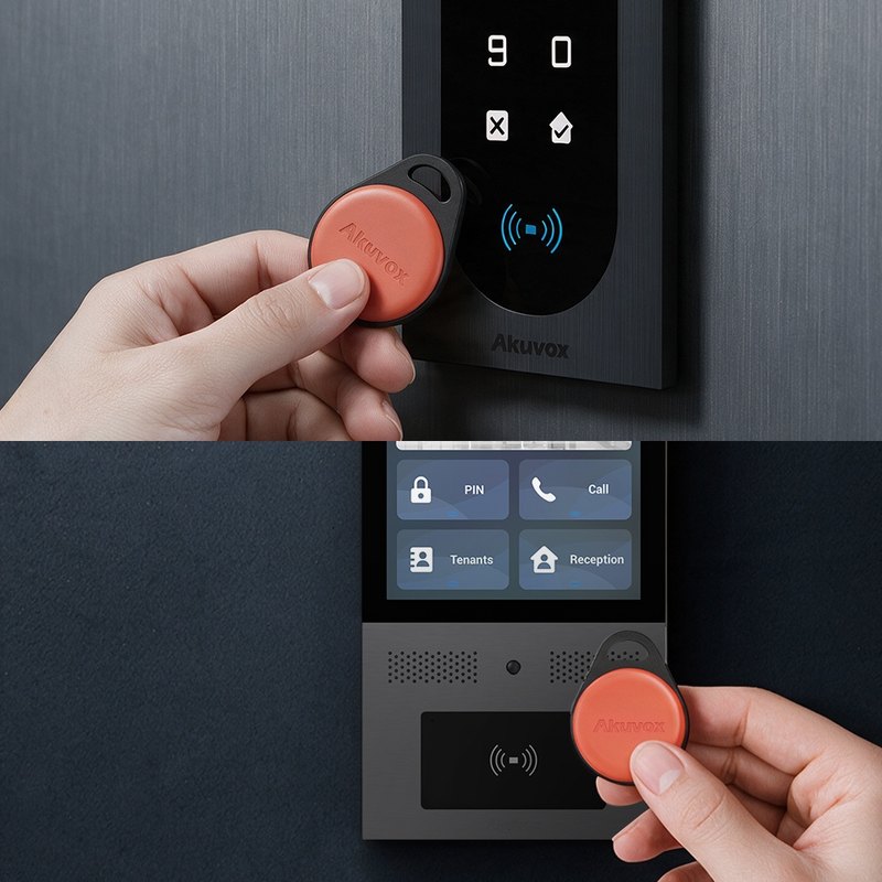 Hand tapping an Akuvox KF02 orange key fob on Akuvox door phones