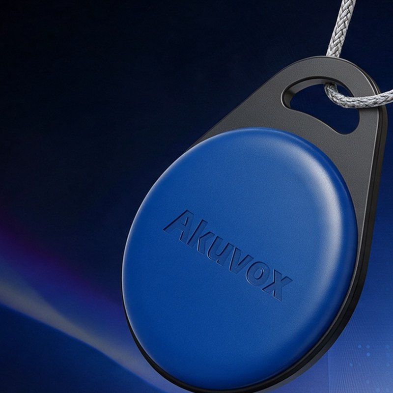 Akuvox KF03 blue key fob on a cord