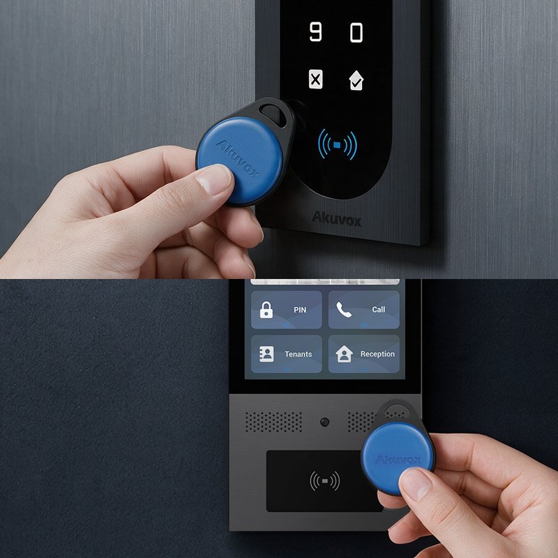 Hand tapping an Akuvox KF03 blue key fob on Akuvox door phones