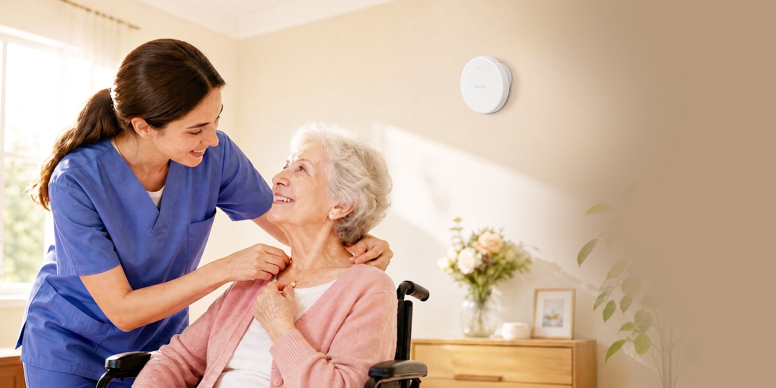 Akuvox MR01 radar on the wall of a care room with a carer and resident