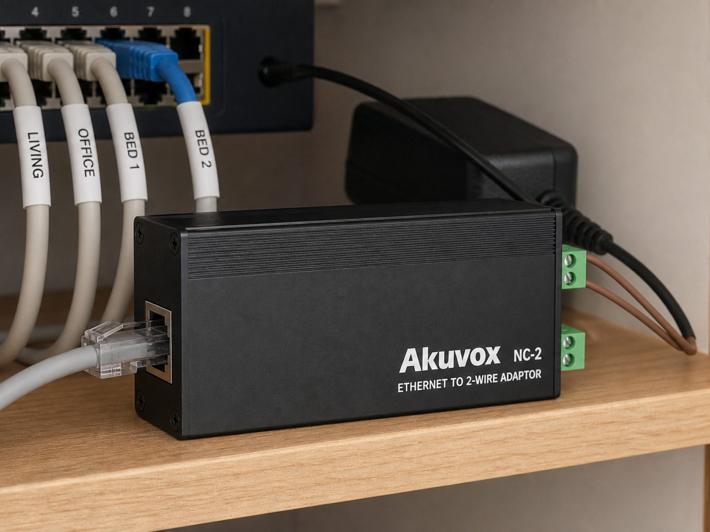 Akuvox NC-2 on a comms shelf with a Cat6 patch in the RJ45 and a 2-wire pair on the green terminals
