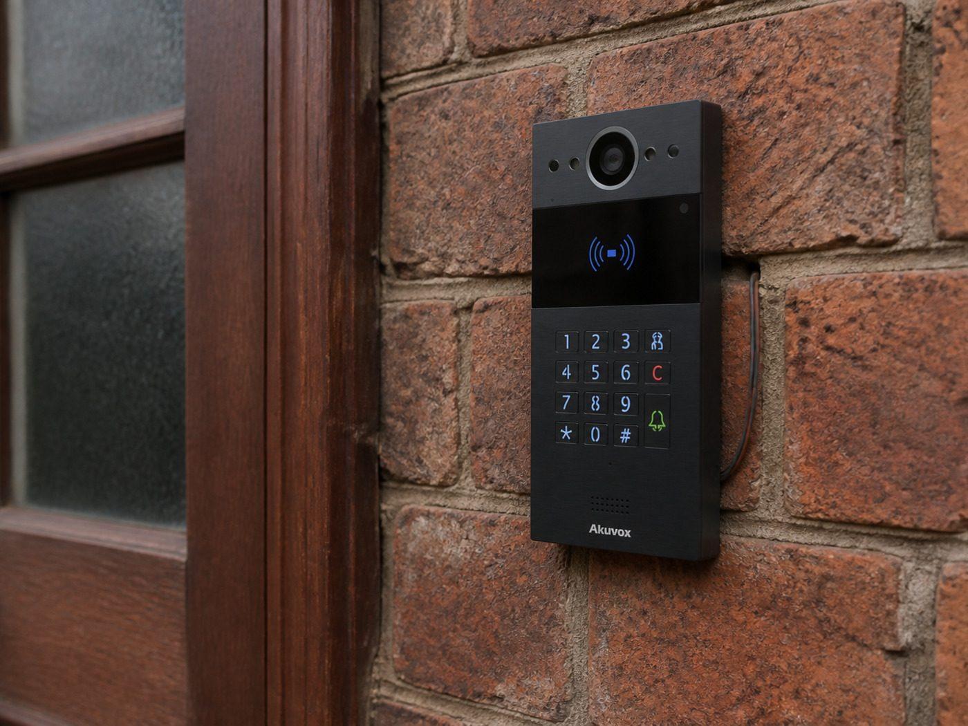 Akuvox door station on an older brick facade, using the existing pair in the wall