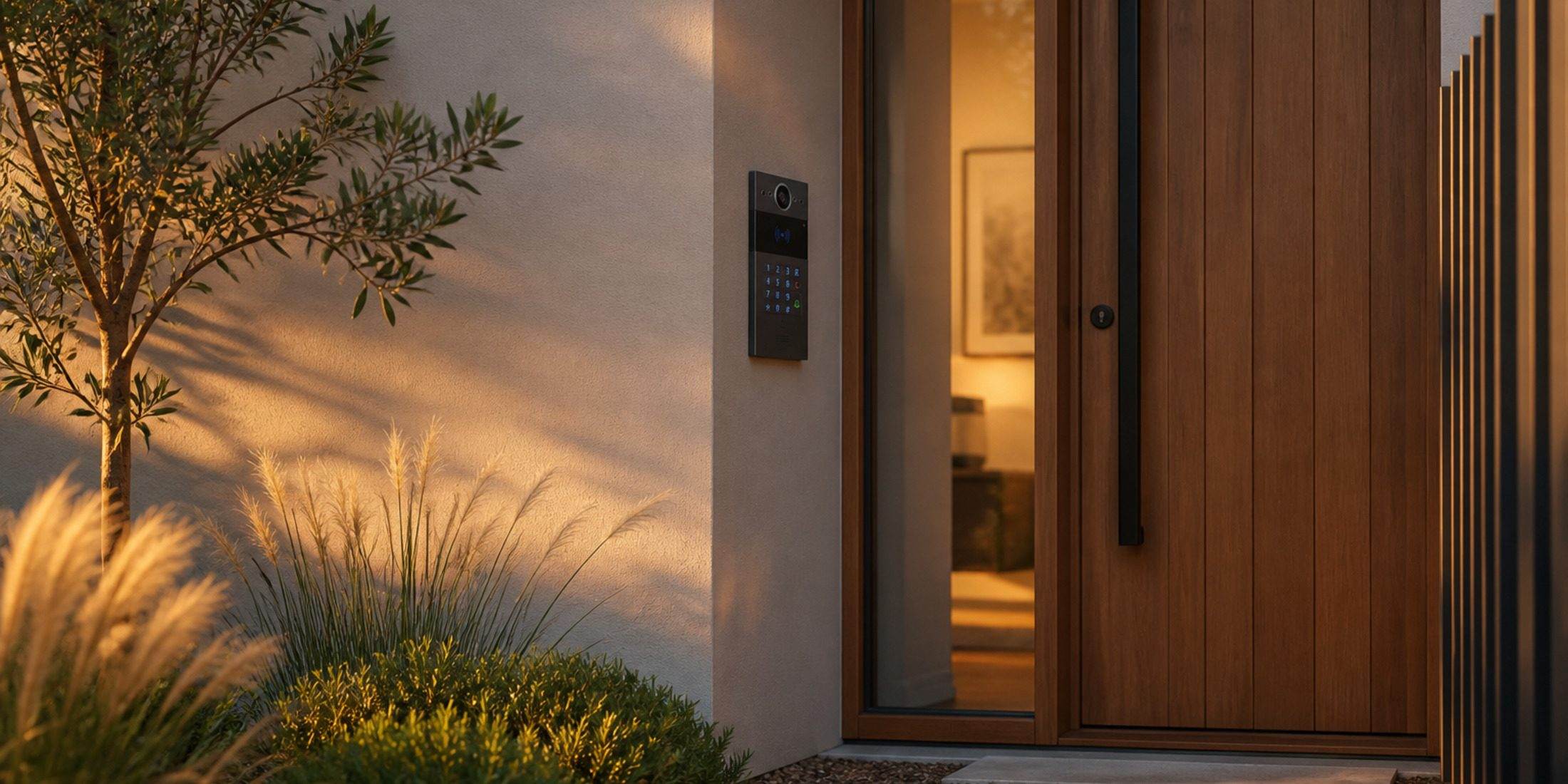 Akuvox video door station at a contemporary Australian townhouse entry in late-afternoon light