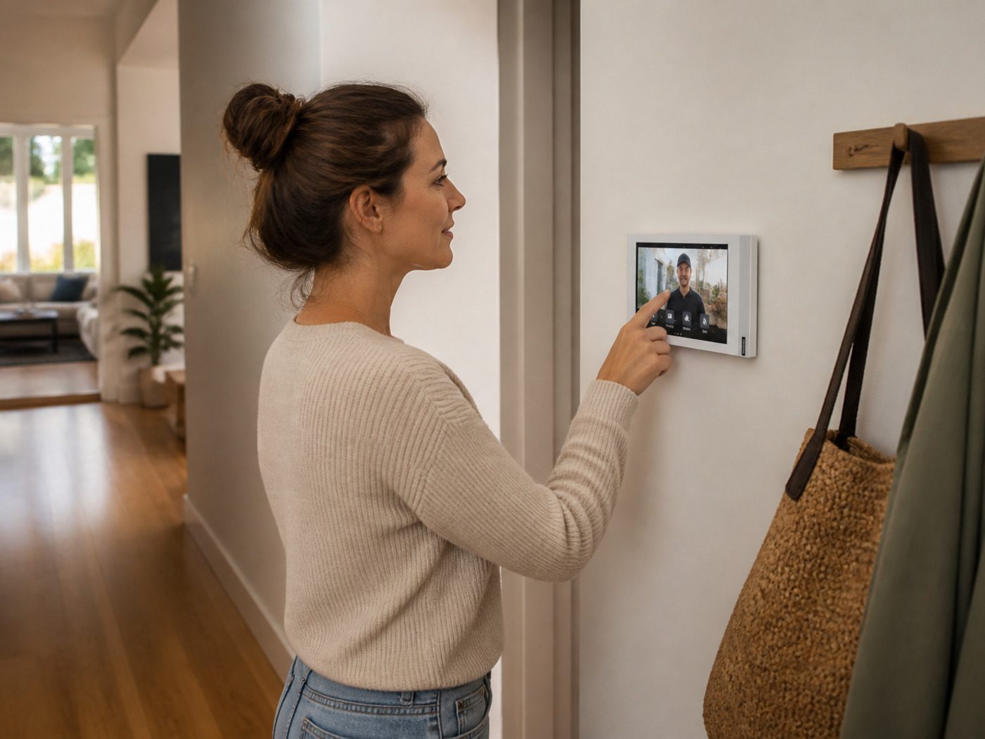 Resident answering a visitor on a wall-mounted Akuvox indoor video monitor in a home hallway