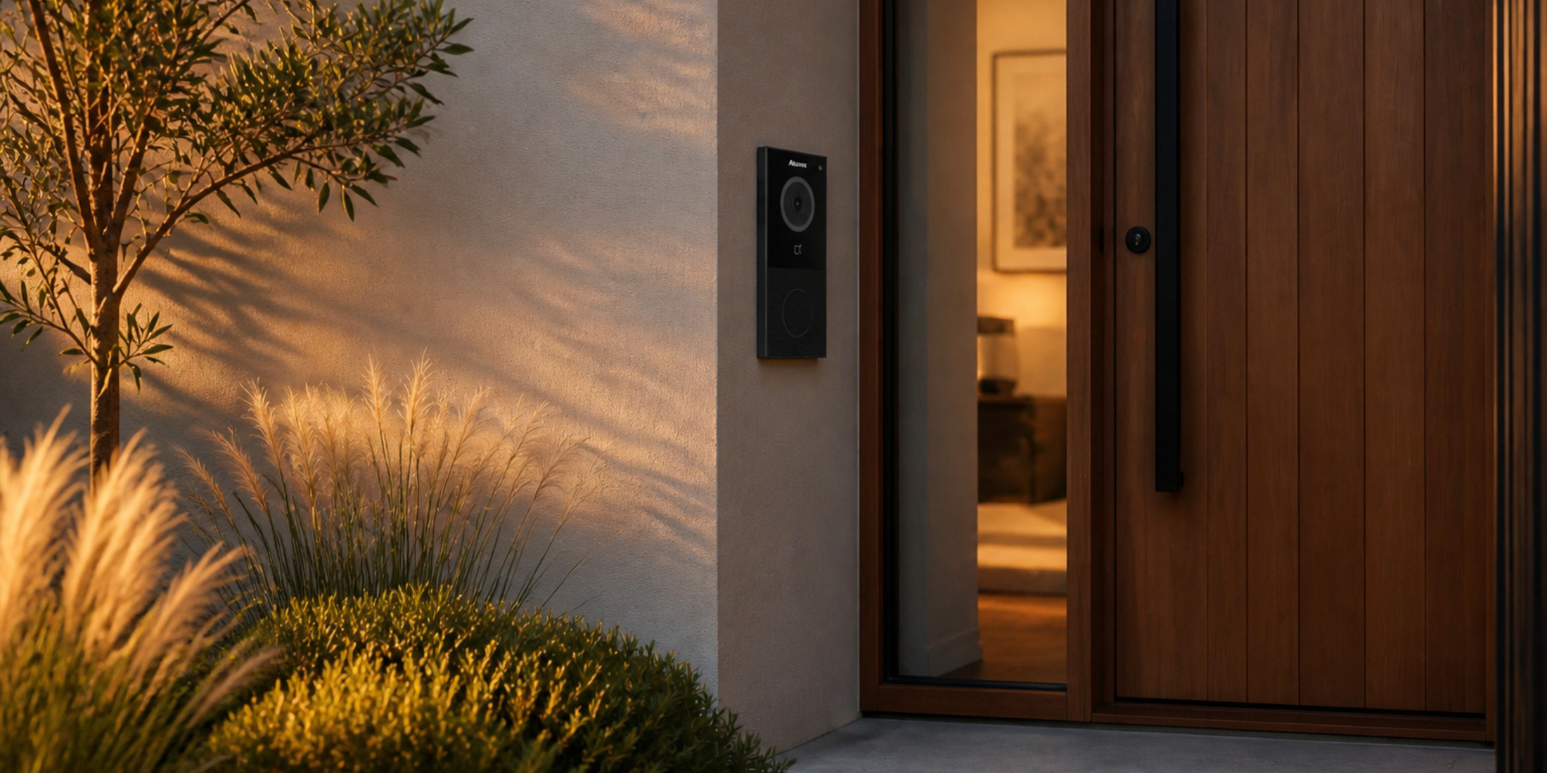 Modern Akuvox door station at a townhouse entry &mdash; NS-2 hub lives in the riser